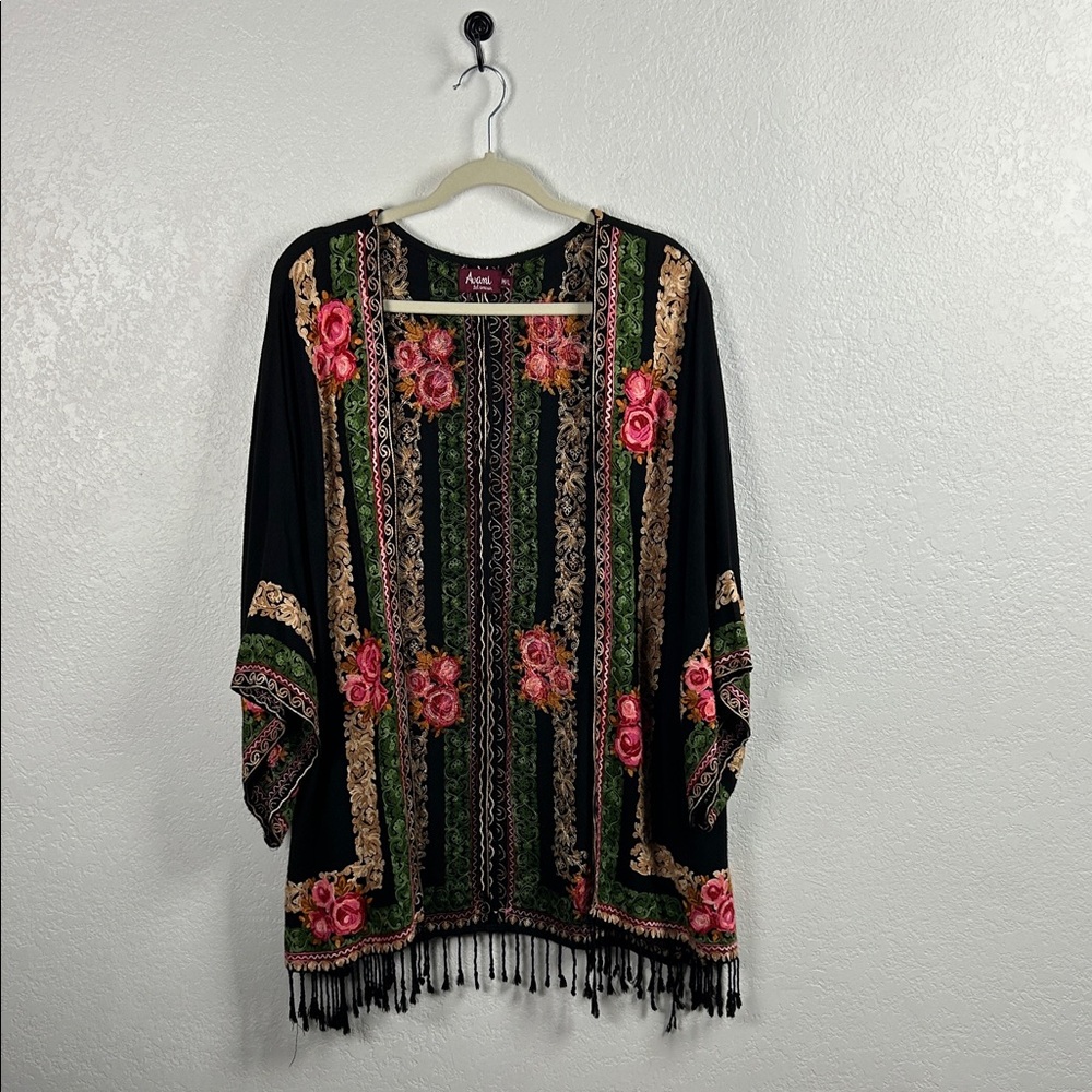 Avanti Women’s Black Kimono Colorful Embroidery Open Cardigan Business Sz M/L